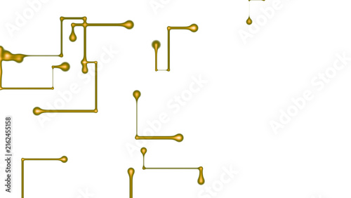 Golden liquid lines connecting drops flowing on white background