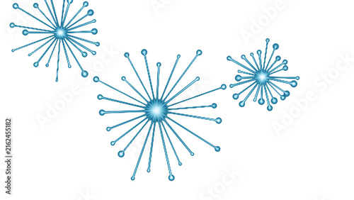 Three abstract blue starbursts radiating on white with ample copy