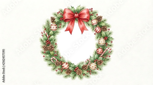 Watercolor christmas wreath with pine branches, red bow, ornaments, pinecones, and candy canes on a white background