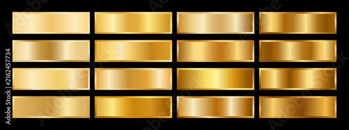 Gold gradient metallic swatches library vector set with shiny golden chrome foil texture collection and vector pen tool icon for graphic fill design project