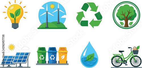 Eco friendly green energy and sustainability vector icon set featuring renewable power sources and recycling symbols