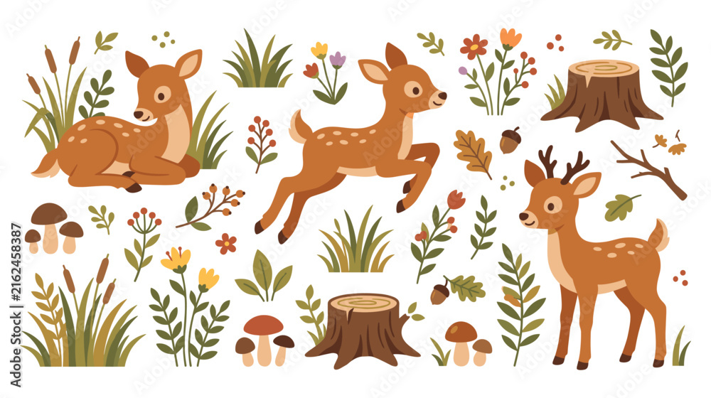 Naklejka premium Cute deer collection with natural woodland elements for forest theme.