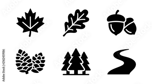 Black and white autumn nature icons set featuring leaves acorns and trees