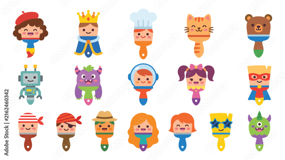 Fototapeta premium Cute character paintbrush collection with colorful festive costumes.