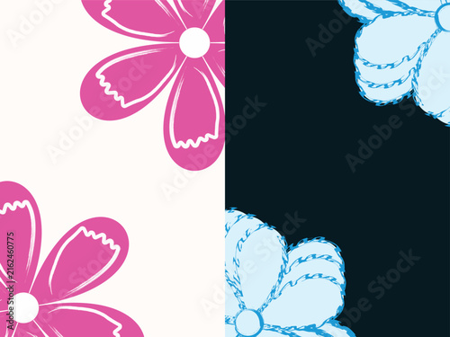 Abstract floral pattern with pink and light blue flowers on a split white and