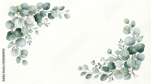 Watercolor eucalyptus branches arranged in opposite corners, featuring round sage and forest green leaves on a textured white paper background