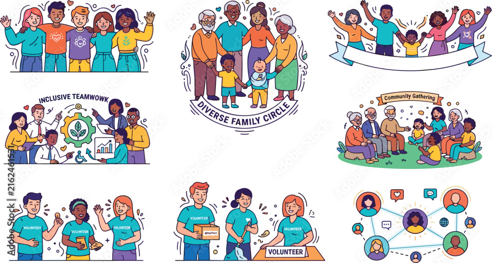 Fototapeta premium Diverse community family teamwork and volunteer group illustration set multicultural social unity characters isolated vector collection