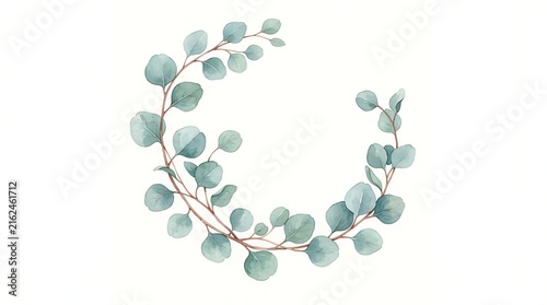 Watercolor of a circular eucalyptus vine wreath with soft sage green leaves and thin brown stems on a white background