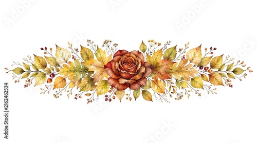 Watercolor floral arrangement with a central rust-colored rose, surrounded by golden autumn maple leaves, oak foliage, and small red berries