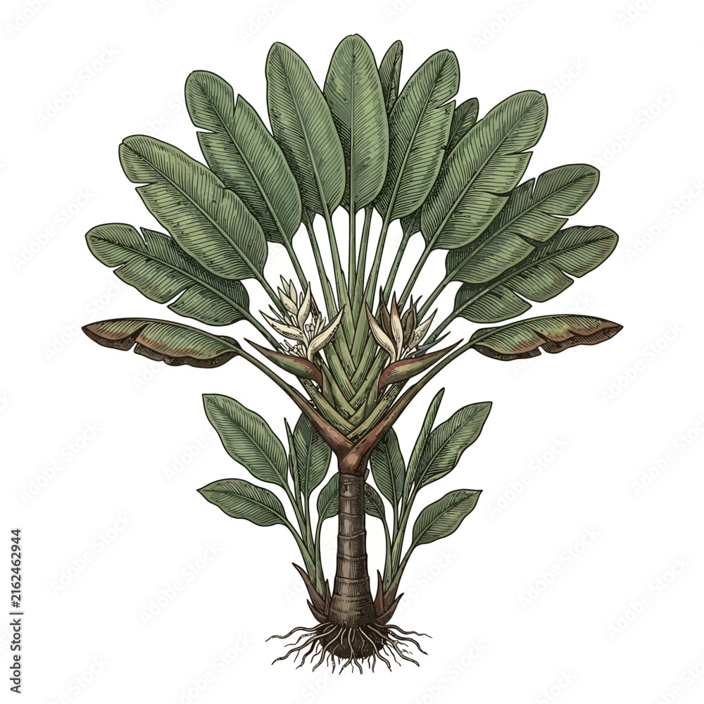 Obraz premium Traveler's Palm with Fan-Shaped Leaves and Flower Bracts Botanical Illustration