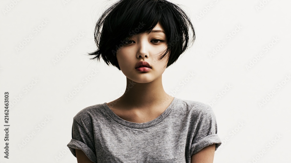 Fototapeta premium Young woman with short black hair poses in a gray shirt.