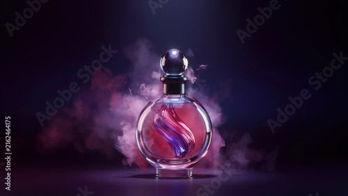 A luxury perfume bottle with glowing pink liquid surrounded by mystical purple smoke. Perfect for premium cosmetic branding and elegant fragrance advertising campaigns.