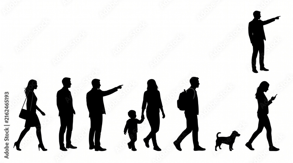 Obraz premium Architectural Vector Scale Figures Silhouette Set. Walking, Standing, and Pet Dog CAD Blocks Vector Collection.