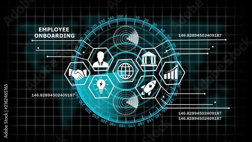 Digital employee onboarding interface with futuristic hud radar global business network data analytics metrics, and animated tech ui for corporate human resources presentations