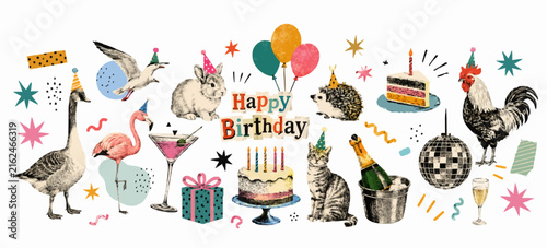 Vintage Happy Birthday Animal Party Collage with Cake, Balloons and Disco Ball