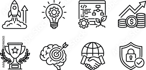 Startup rocket lightbulb development growth chart trophy brain target handshake shield vector icon set line art collection.