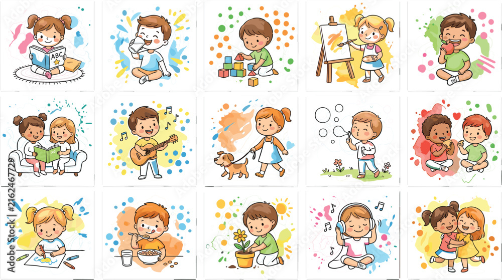 Fototapeta premium Cute kids daily activities icon set with children reading playing painting singing eating and listening to music vector