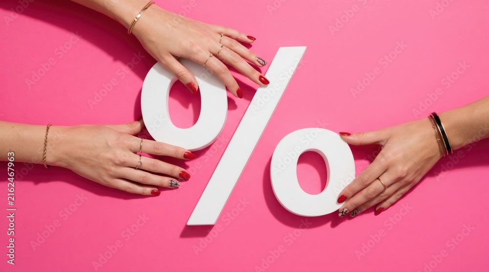 © Viktoryia - three female hands with red manicure and gold jewelry arranging white percent sign on bright pink background, concept of discount and sale © Viktoryia - three female hands with red manicure and gold jewelry arranging white percent sign on bright pink background, concept of discount and sale