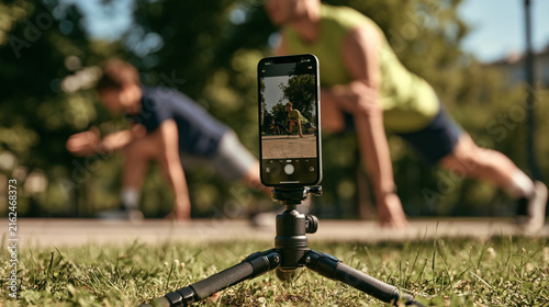 Smartphone on Tripod Recording Two Men Doing Outdoor Fitness Workout in Park