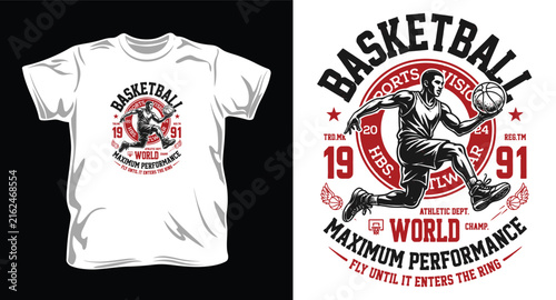 Basketball t-shirt design with player dunking, promoting maximum performance and sportsmanship.