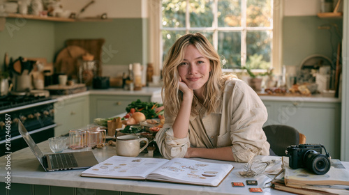 Young Woman Writing Recipe Ideas in Cookbook at Kitchen Counter with Laptop and Camera