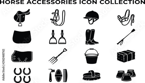 Quadro su tela Horse, riding, accessories, icon, collection, set, vector, saddle, bridle, helme