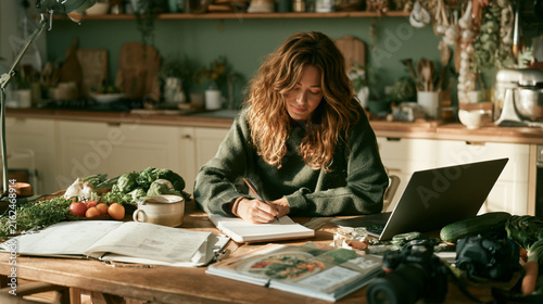 Young Woman Writing Recipe Ideas in Cookbook at Kitchen Counter with Laptop and Camera