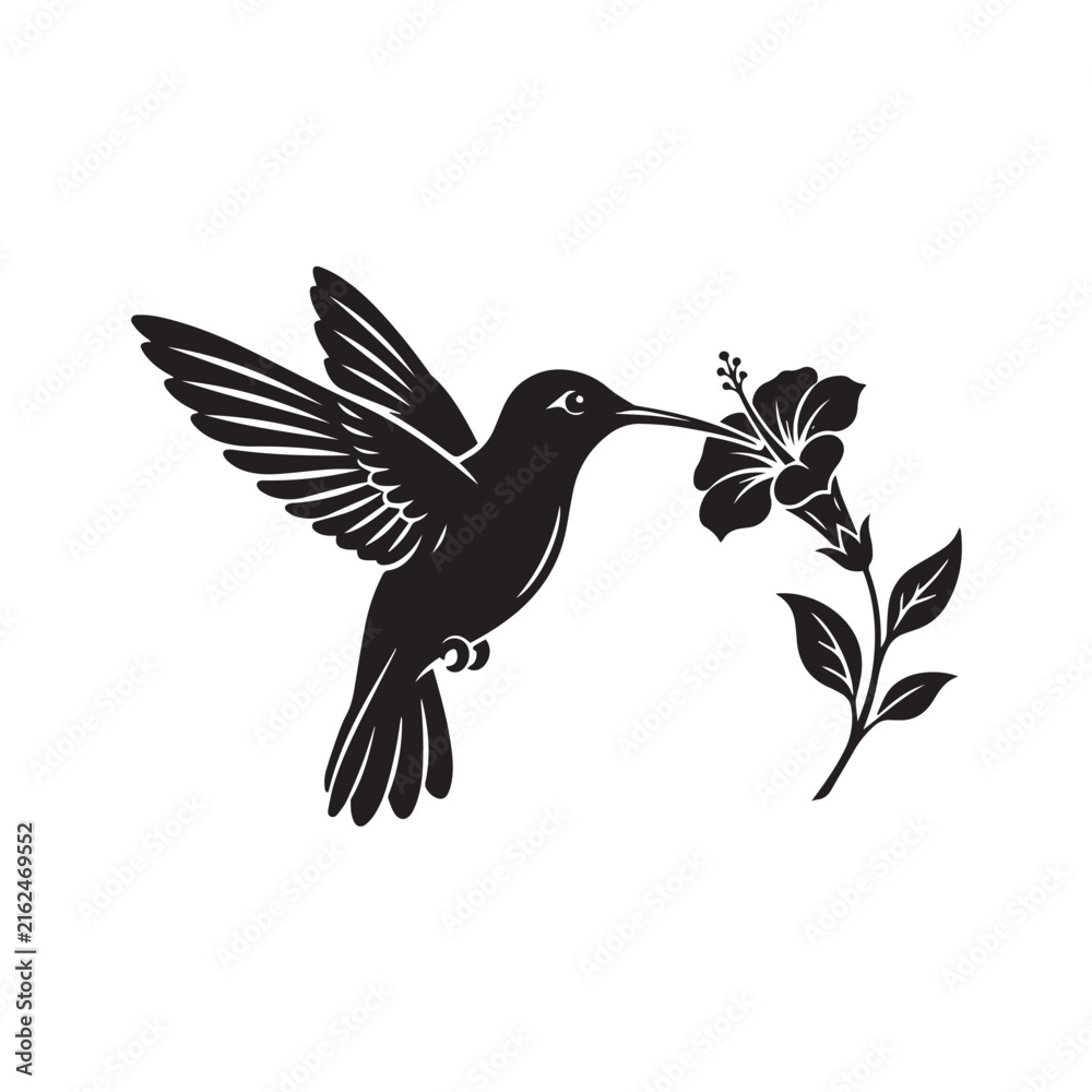 Fototapeta premium Hummingbird and Hibiscus Silhouette: A striking silhouette of a hummingbird in flight, its wings outstretched, delicately sipping nectar from a vibrant hibiscus flower.