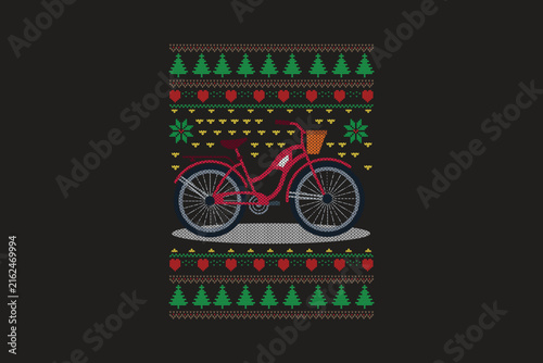 Ugly Christmas Sweater Knitted Pattern Red Bicycle Sublimation T Shirt Design	