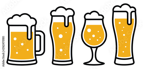 Beer glass and mug icons featuring foamy beverages in simple flat vector designs for beverage and hospitality themes
