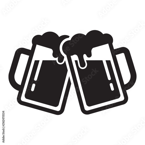 Vector icon of two clinking beer mugs with foam for cheers