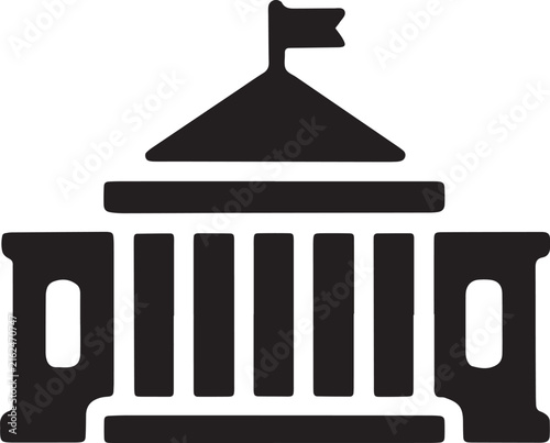 Government building icon silhouette with classical columns and flag and court house, city hall