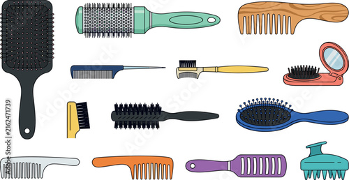 Hair Care Tools Vector Set with Combs, Brushes, Round Styling Brushes, Scalp Massager, Folding Mirror, and Professional Grooming Accessories Collection