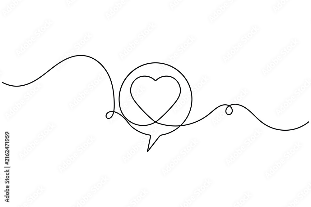 Obraz premium Friendship heart speech bubble icon sign continuous one line drawing on white background minimalist single art understanding affection and feeling emotion chat concept symbol vector illustration