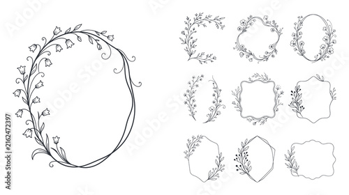 Floral oval frame set with hand drawn botanical branches and flowers.