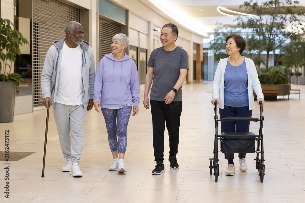 Fototapeta premium Elders walking together in mall with walking aids and cane for mobility, enjoying autumn outing and exercises while maintaining independence. Community support for active aging and healthy lifestyle.