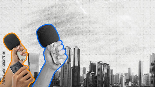 Graphic collage showing hands holding microphones against a black and white textured city skyline, symbolizing urban journalism and street reporting. National Publicist Day Concept