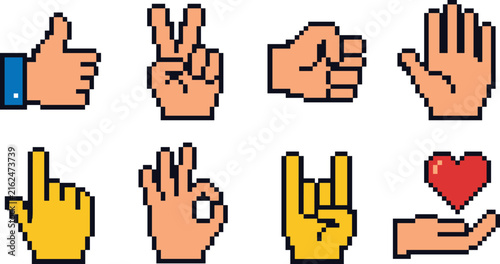Retro pixel art hand gestures and social media icon set featuring communication and love symbols