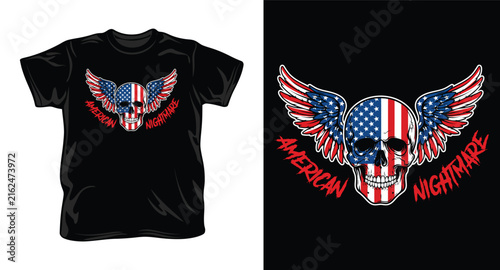Winged skull with american flag design wearing usa flag on face for t-shirt.