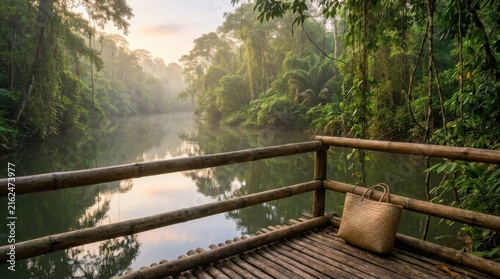Wooden Riverside Terrace With Lush Jungle and Peaceful Water View
