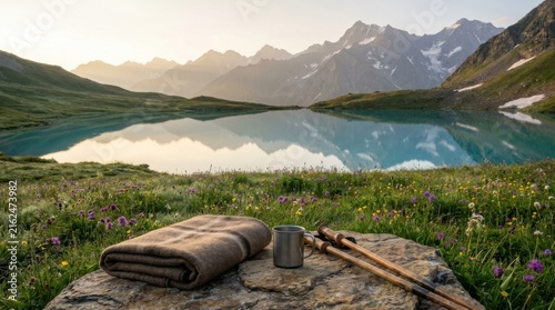 Outdoor Camping Blanket and Mug Beside Scenic Mountain Lake