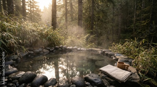 Forest Stream Wellness Retreat With Towel and Cup in Morning Light