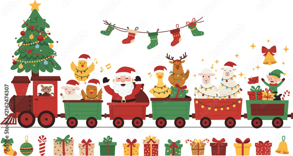 Naklejka premium A festive christmas train carrying santa claus and cute animals with a decorated tree and many colorful wrapped gifts on white background