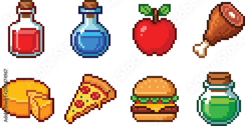 Retro pixel art food, drinks, and potions icon set featuring RPG inventory and gaming symbols