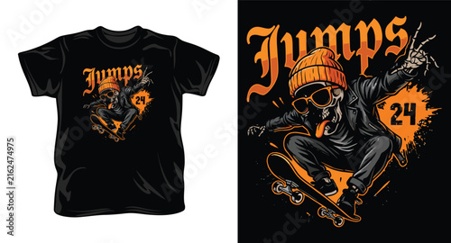 Skeleton skateboarding wearing beanie and sunglasses with graffiti splash.