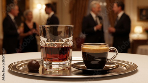 Detailed photo of an after-dinner service with a glass of amber Cognac XO, an espresso with crema, and a chocolate truffle on a silver tray at an elite restaurant table. warm light
