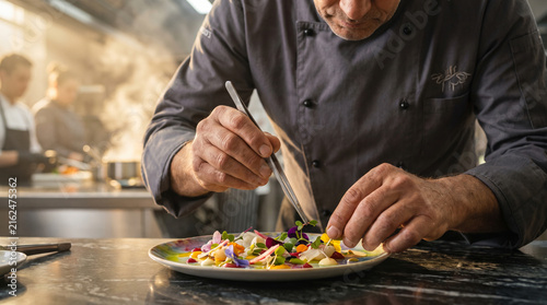 World-class chef meticulously prepares an exquisite dish in a luxurious restaurant kitchen. The stunning cinematic lighting highlights every tiny detail of culinary art.