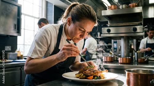 Talented chefs passionately create gorgeous plates in the top restaurant kitchen. Beautiful cinematic lighting showcases every single detail of this culinary perfection.