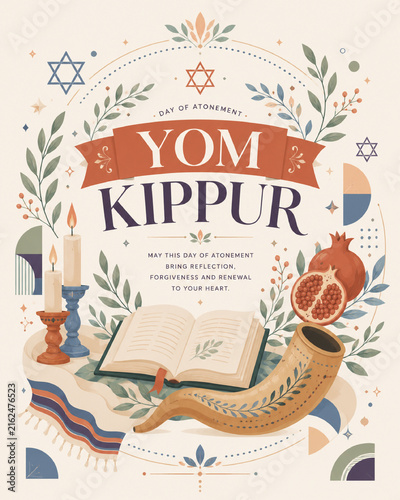 Yom Kippur Greeting Poster Featuring a Traditional Shofar, Candles, Pomegranate and Decorative Jewish Holiday Elements on a Deep Blue Background