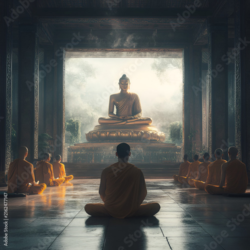 Peaceful meditation setting featuring monks gathered around a grand buddha statue inside a calm temple environment